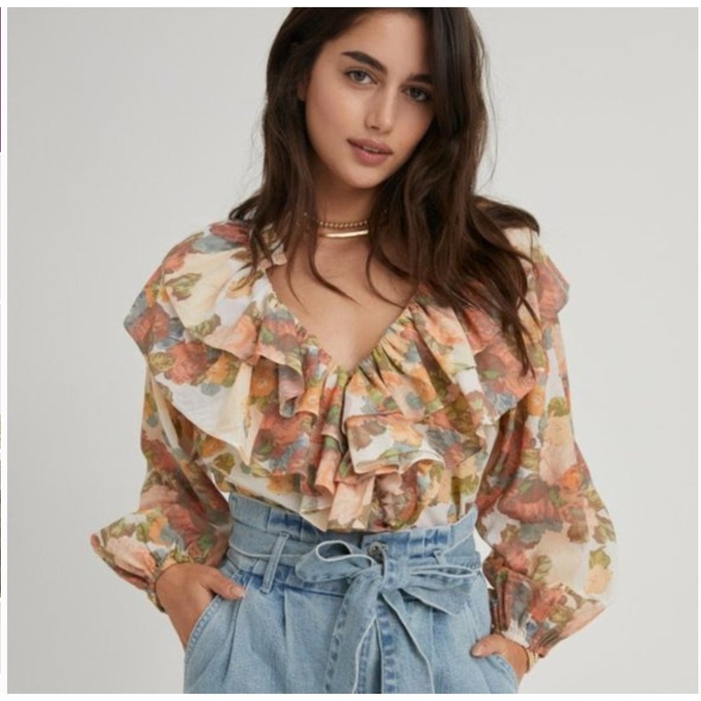 Something Navy Floral Ruffle Blouse Women's XL Cream Orange Roses Boho